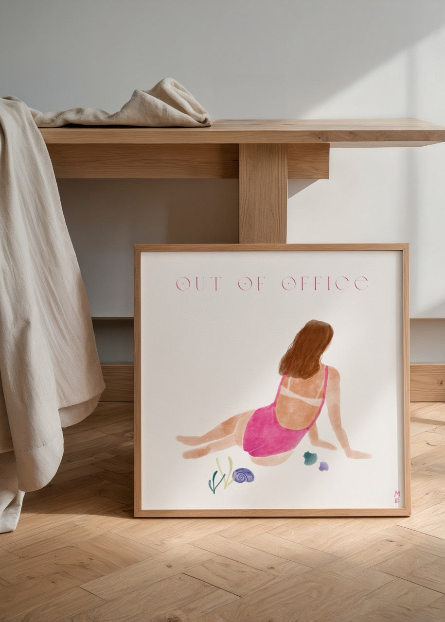 Melisa Ermiş’in Out of Office posteri, sahilde dinlenen kadın figürü illüstrasyonu