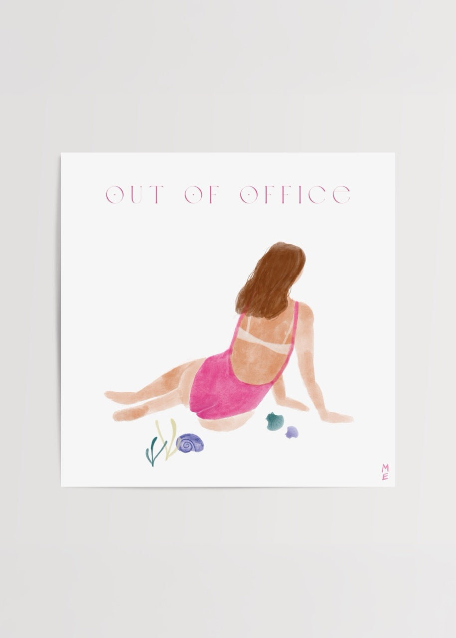 Melisa Ermiş’in Out of Office posteri, sahilde dinlenen kadın figürü illüstrasyonu