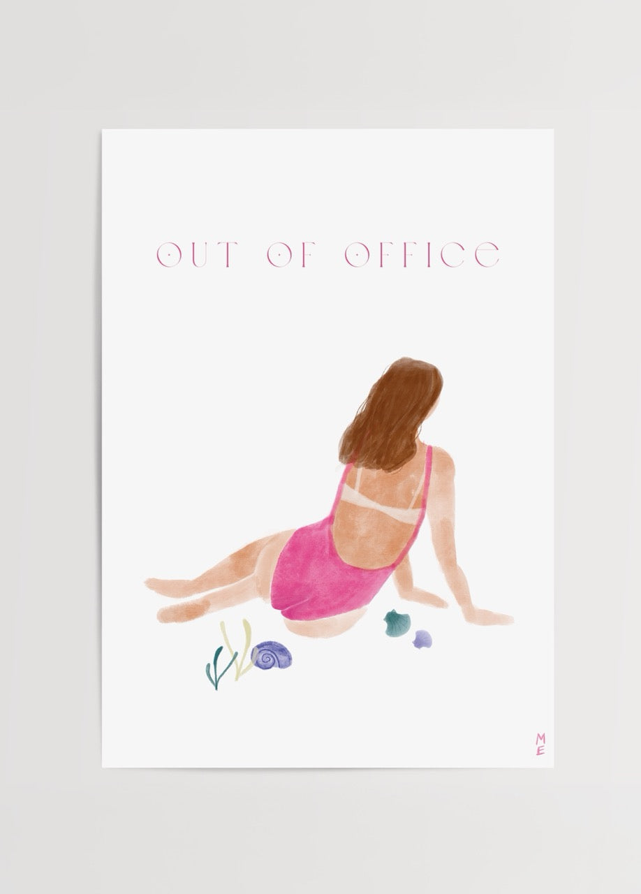 Melisa Ermiş’in Out of Office posteri, sahilde dinlenen kadın figürü illüstrasyonu