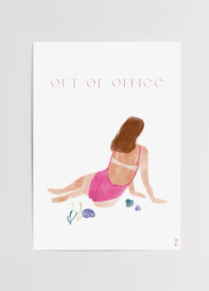 Melisa Ermiş’in Out of Office posteri, sahilde dinlenen kadın figürü illüstrasyonu