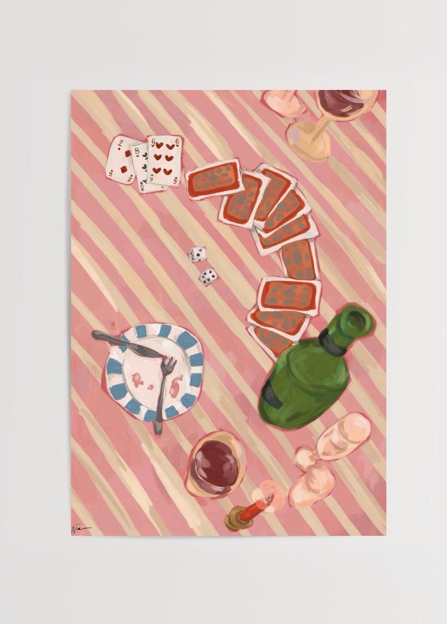 Nazlı Tarcan Oyun Gecesi ve Şarap adlı masa ve şarap temalı illüstrasyon poster baskı