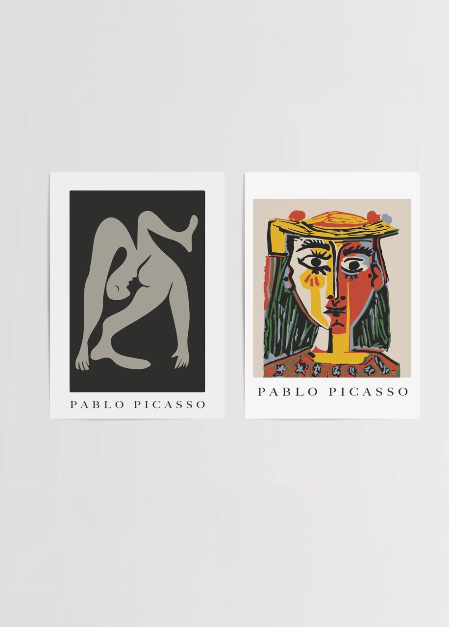 Pablo Picasso ikili poster seti – soyut beden formu ve portre çalışması modern sanat duvar dekoru