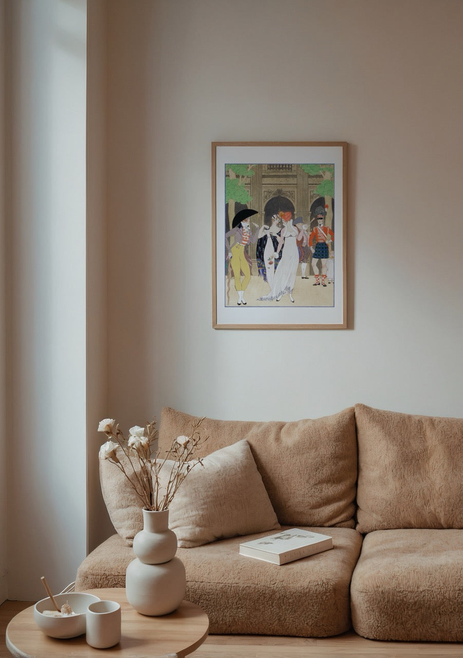 art deco stilinde palais royal sahnesinde moda figürleri illüstrasyonu