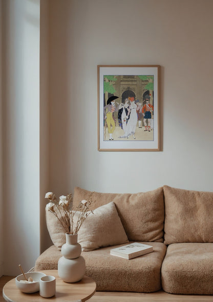 art deco stilinde palais royal sahnesinde moda figürleri illüstrasyonu