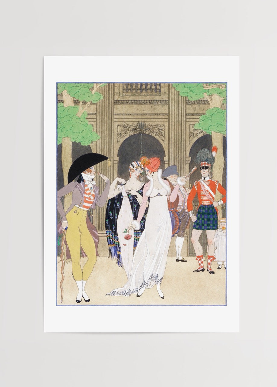 art deco stilinde palais royal sahnesinde moda figürleri illüstrasyonu