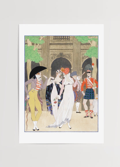 art deco stilinde palais royal sahnesinde moda figürleri illüstrasyonu