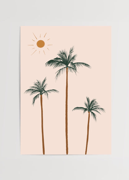 Üçlü palmiye ve güneş illüstrasyonlu minimal yaz temalı poster baskı