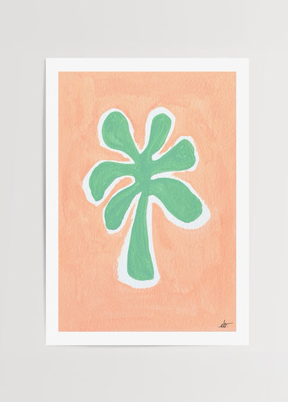 Elif Işık’ın Pastel Series koleksiyonundan Palmiye posteri, somon arka plan üzerinde pastel yeşil palmiye illüstrasyonu.