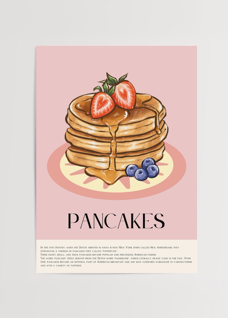 Pembe arka planlı, çilek ve yaban mersiniyle süslenmiş pancake illüstrasyon posteri.