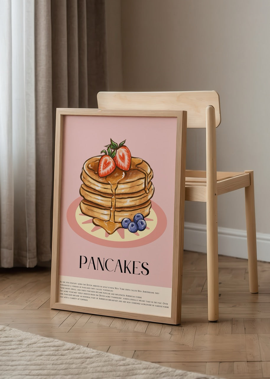 Pembe arka planlı, çilek ve yaban mersiniyle süslenmiş pancake illüstrasyon posteri.