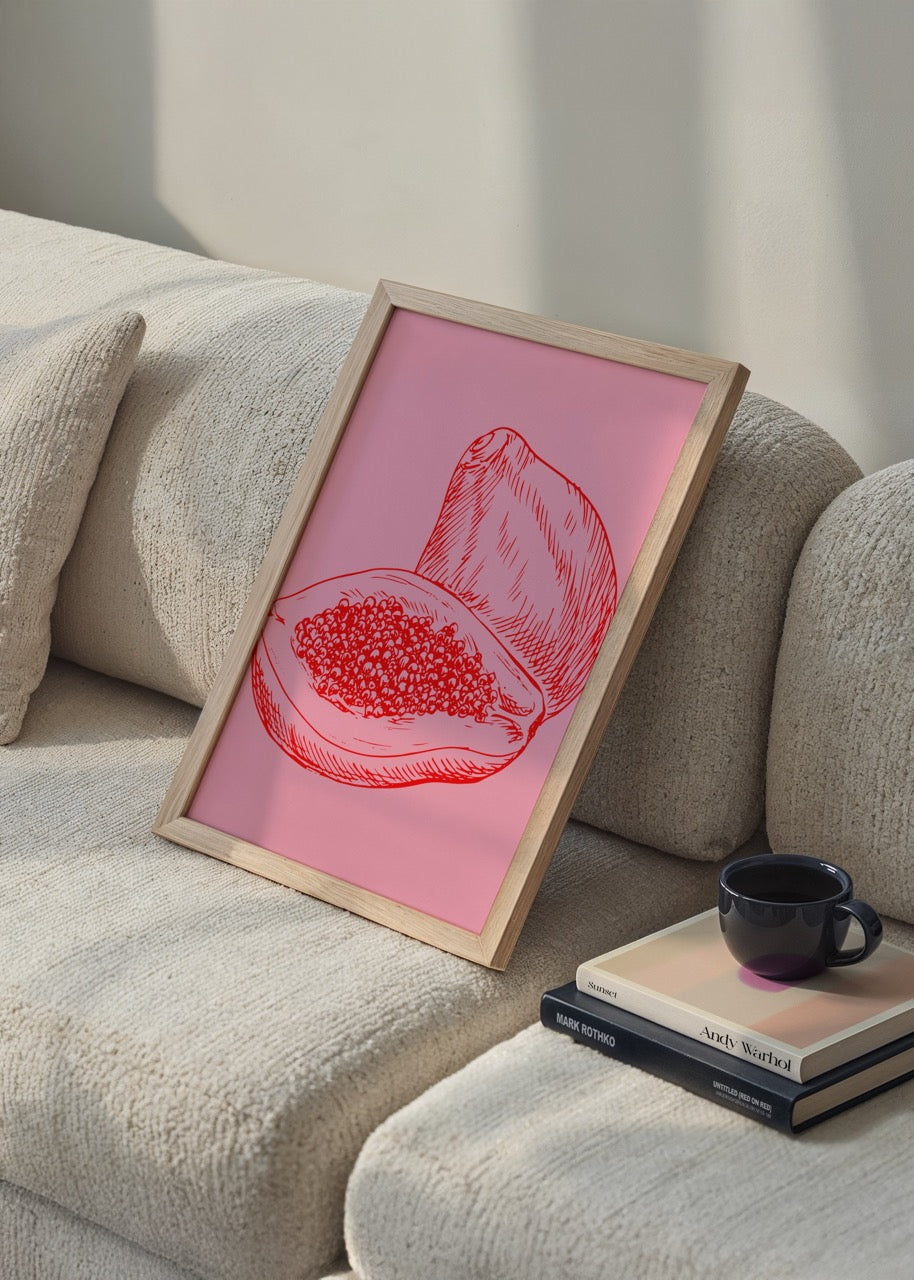 Pembe arka plan üzerine kırmızı çizgilerle çizilmiş modern papaya illüstrasyonu poster