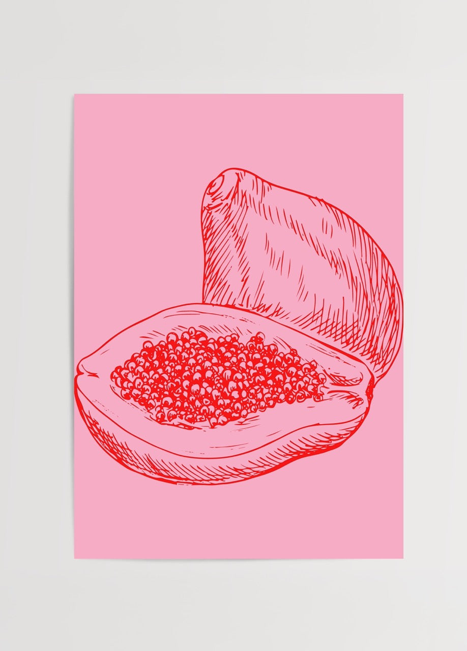 Pembe arka plan üzerine kırmızı çizgilerle çizilmiş modern papaya illüstrasyonu poster