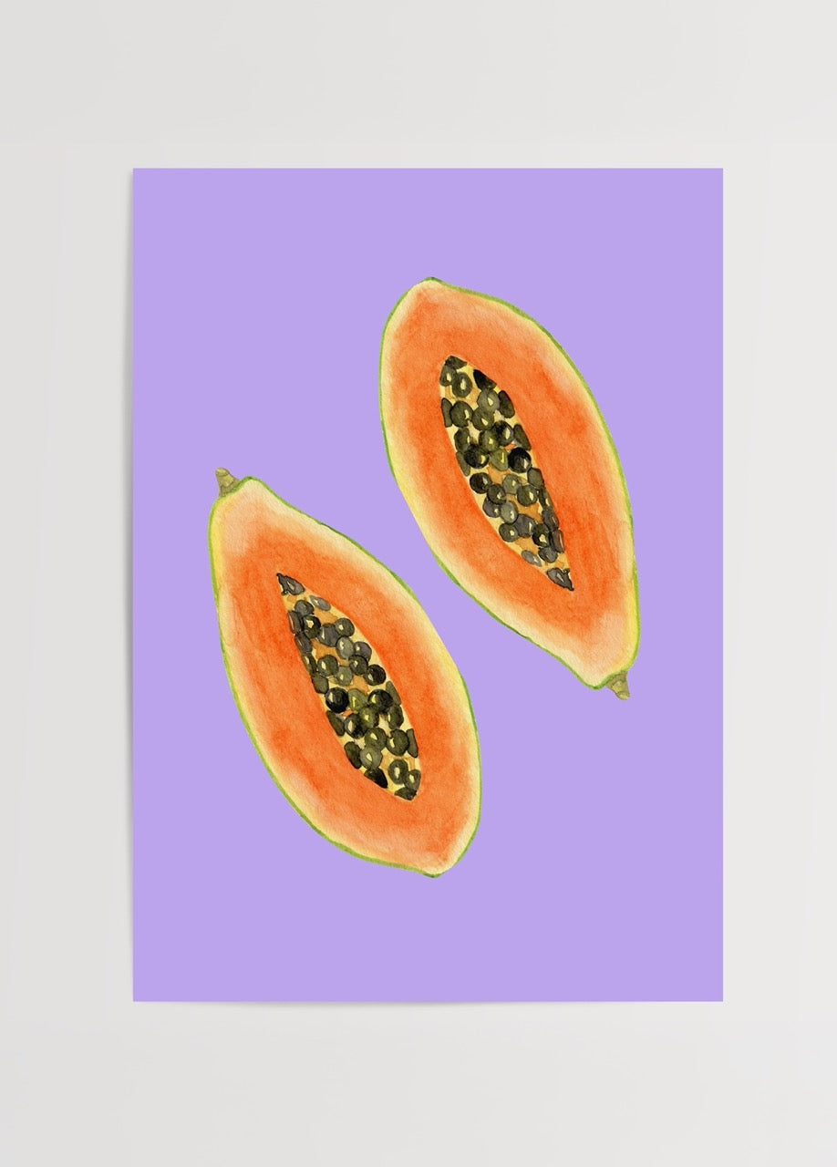 Lavanta arka plan üzerinde illüstrasyon tarzında çizilmiş ikiye bölünmüş papaya meyvesi posteri

