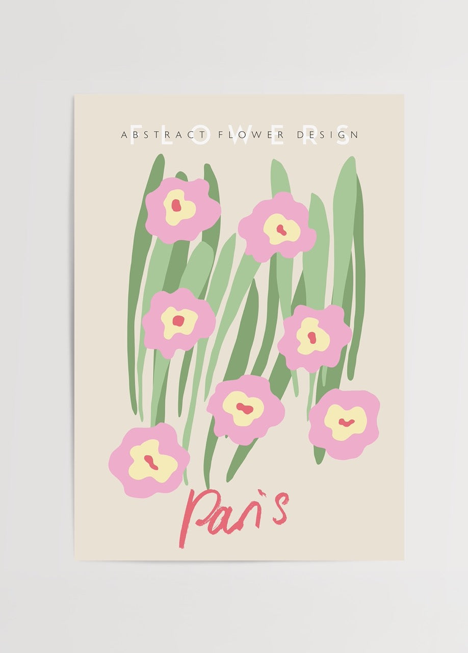 Paris yazılı soyut çiçek illüstrasyonlu pastel renkli modern poster baskı