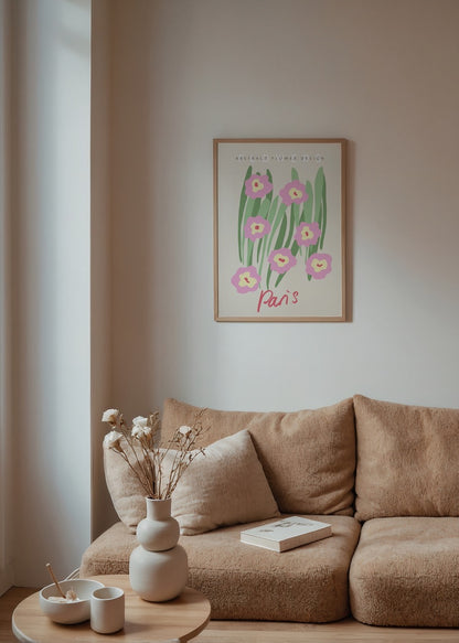 Paris yazılı soyut çiçek illüstrasyonlu pastel renkli modern poster baskı