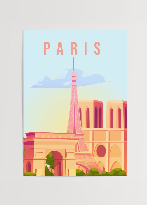 Eyfel Kulesi, Zafer Takı ve Notre Dame Katedrali'nin illüstratif çizimiyle oluşturulmuş renkli Paris posteri