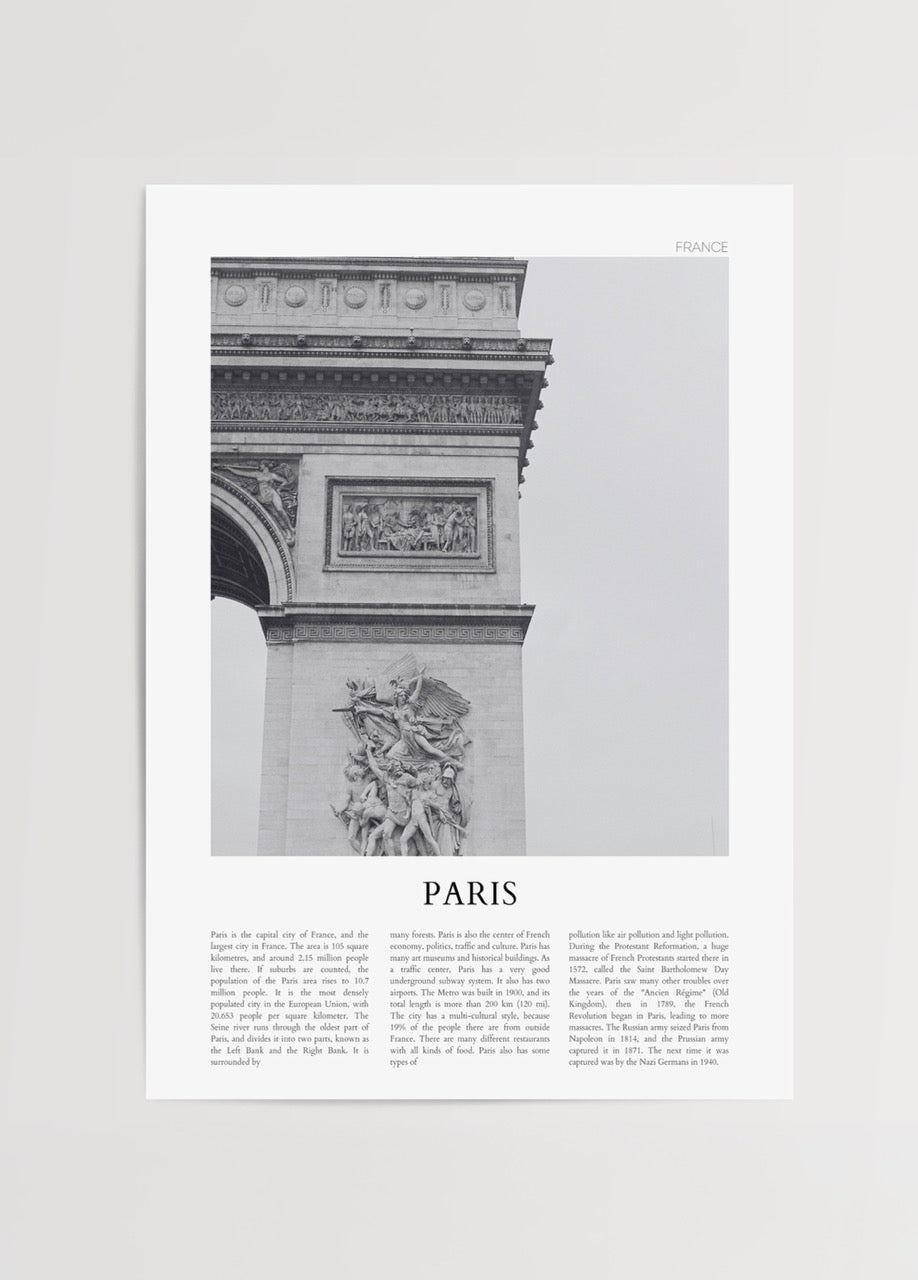 Arc de Triomphe, Paris mimarisi, siyah beyaz şehir posteri, tarihi yapı detayları