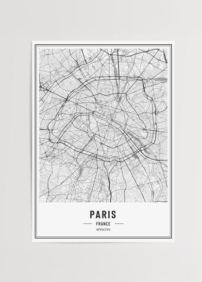 Siyah beyaz çizgisel Paris şehir haritası posteri