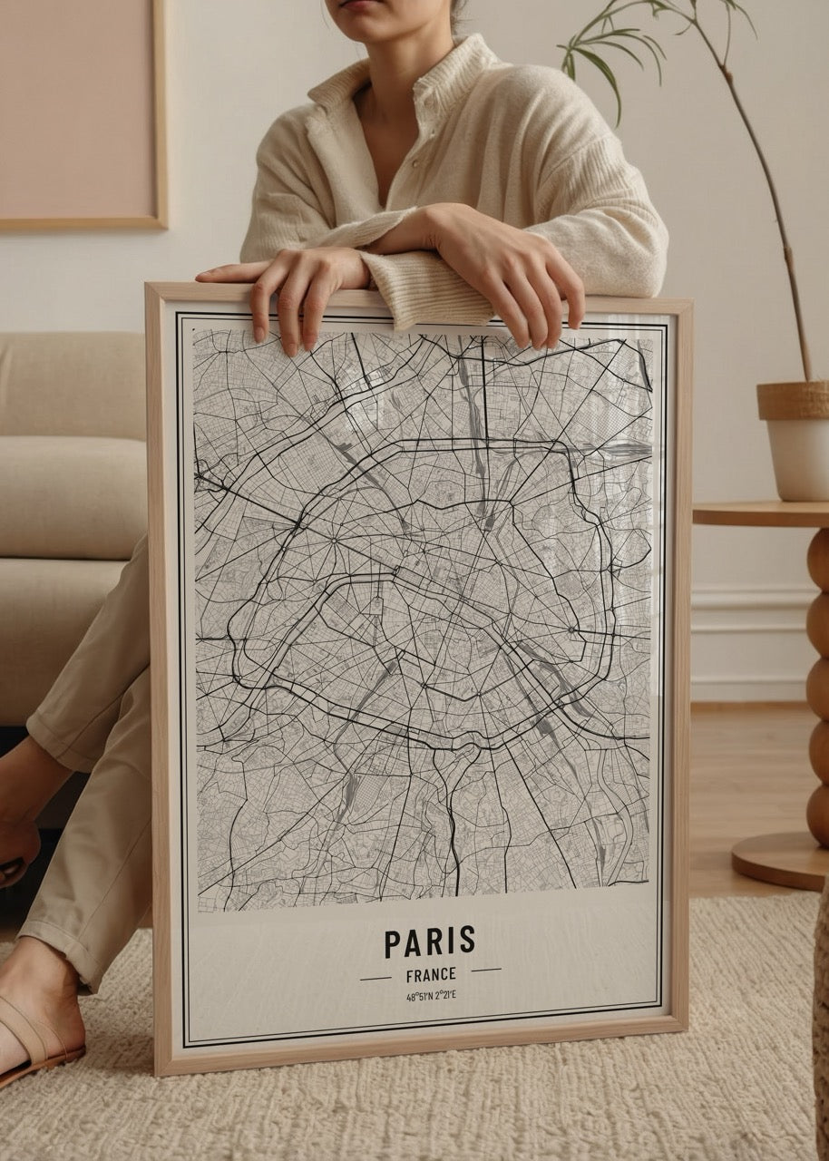 Siyah beyaz çizgisel Paris şehir haritası posteri