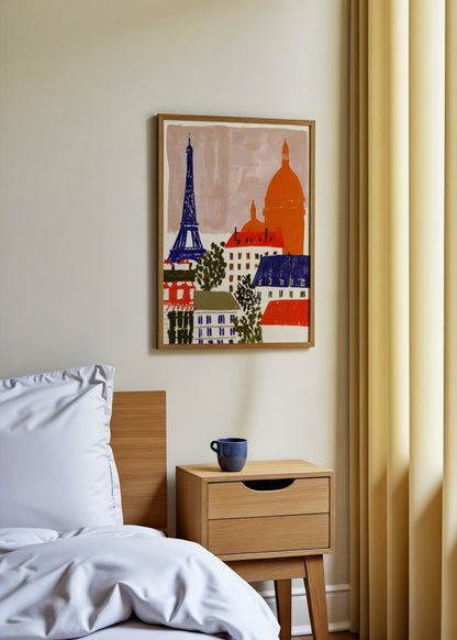 Eiffel Kulesi ve Paris çatı manzarasını canlı renklerle betimleyen mimari illüstrasyon poster.