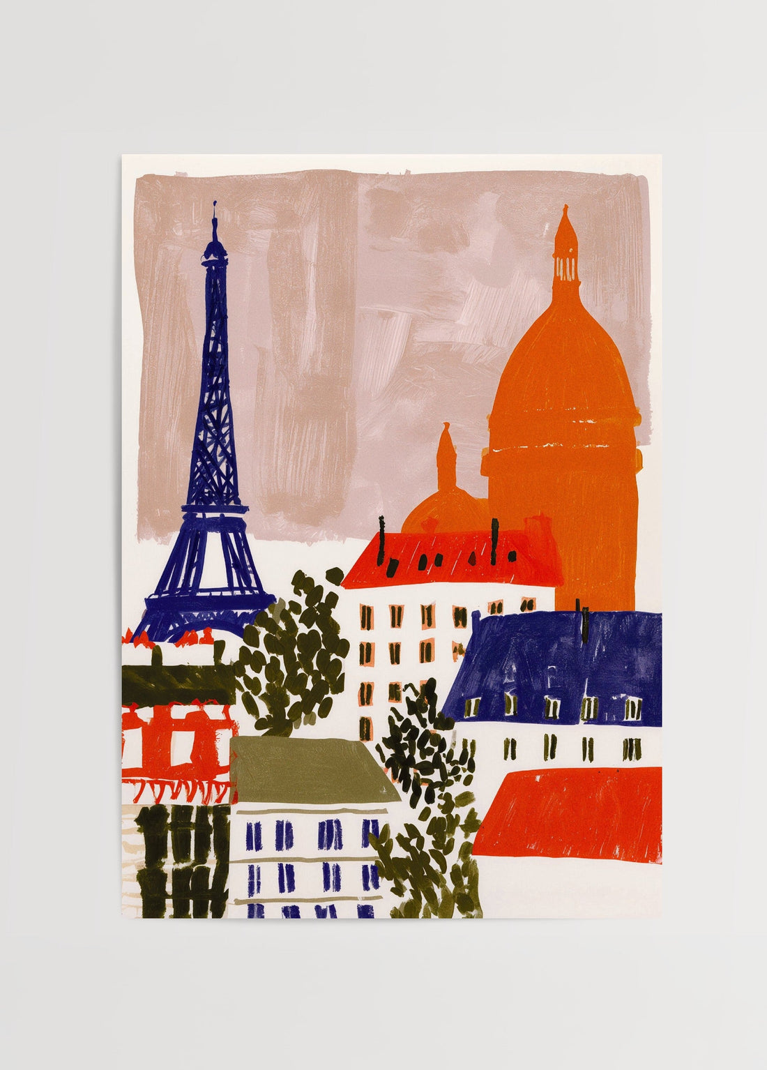 Eiffel Kulesi ve Paris çatı manzarasını canlı renklerle betimleyen mimari illüstrasyon poster.