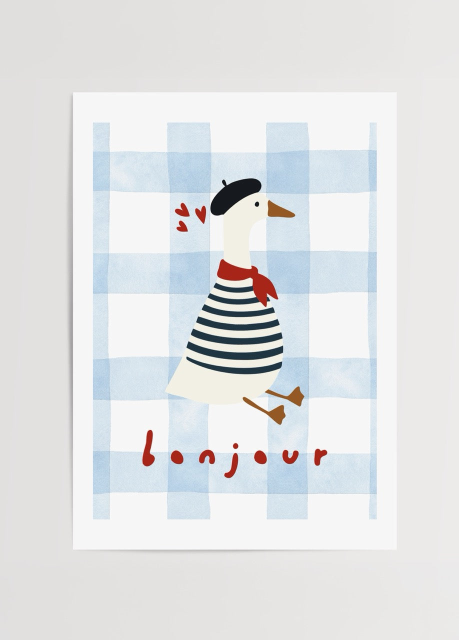 Parisian Goose Bonjour illüstrasyon posteri – bereli ve fularlı kaz tasarımı, Yaren Ünlü