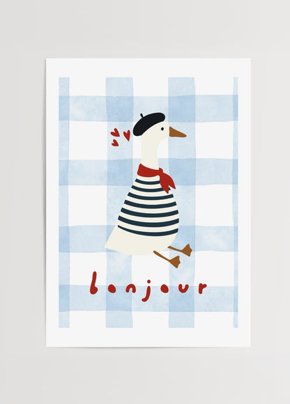 Parisian Goose Bonjour illüstrasyon posteri – bereli ve fularlı kaz tasarımı, Yaren Ünlü