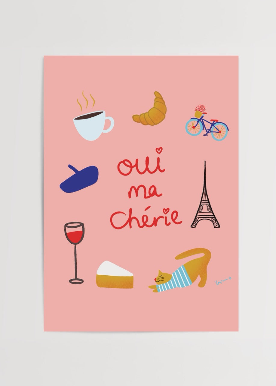 Parisienne poster – Yağmur Solakoğlu’nun Fransız kültürünü yansıtan, pembe fonlu illüstratif duvar posteri.