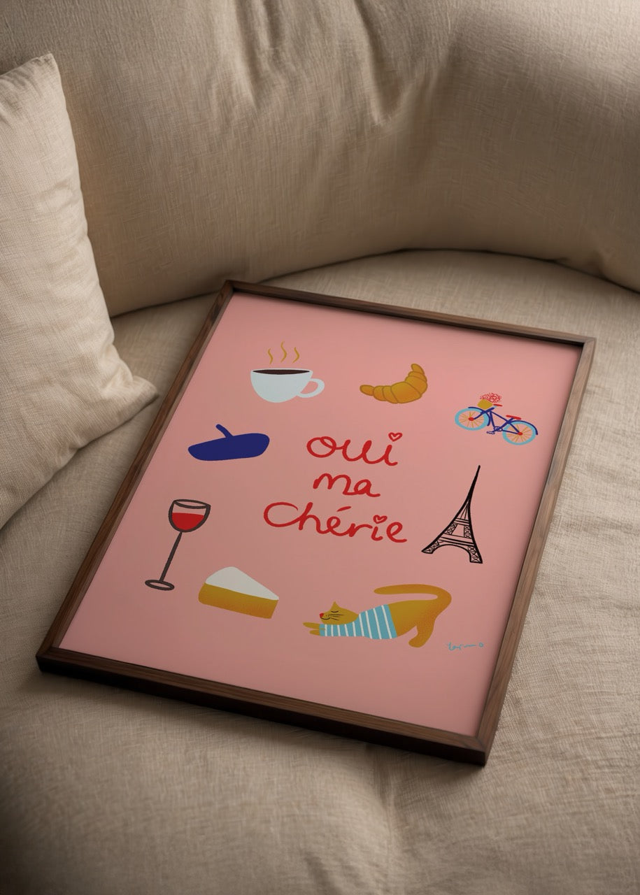 Parisienne poster – Yağmur Solakoğlu’nun Fransız kültürünü yansıtan, pembe fonlu illüstratif duvar posteri.