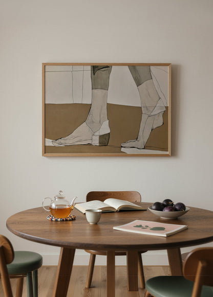 Passage nötr tonlarda ayak ve bacak detaylarına odaklanan çağdaş figüratif sanat posteri