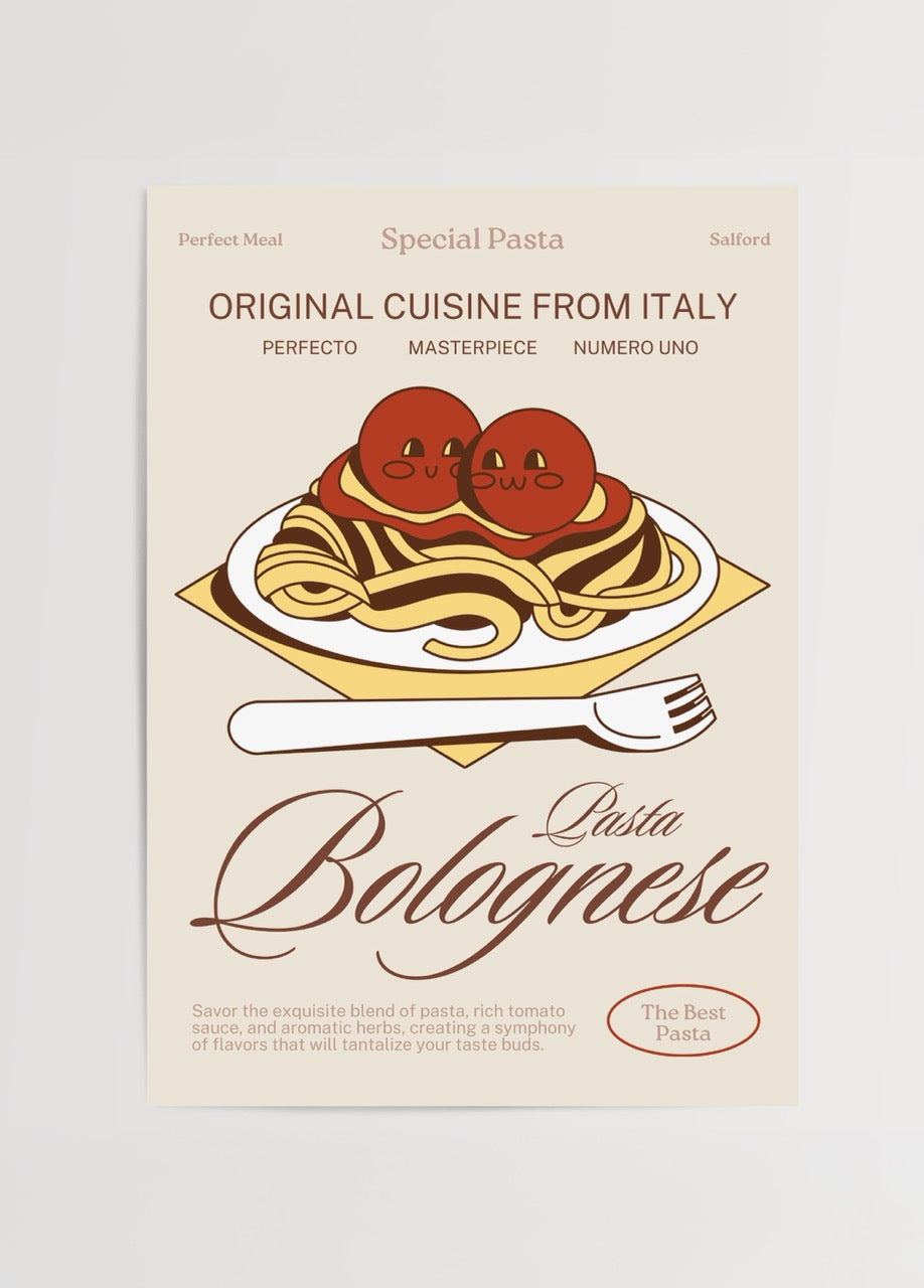 Eğlenceli yüz ifadeleriyle tasarlanmış domatesler ve spagetti ile süslenmiş İtalyan usulü Pasta Bolognese illüstrasyon posteri.
