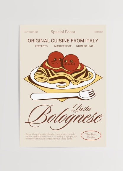 Eğlenceli yüz ifadeleriyle tasarlanmış domatesler ve spagetti ile süslenmiş İtalyan usulü Pasta Bolognese illüstrasyon posteri.
