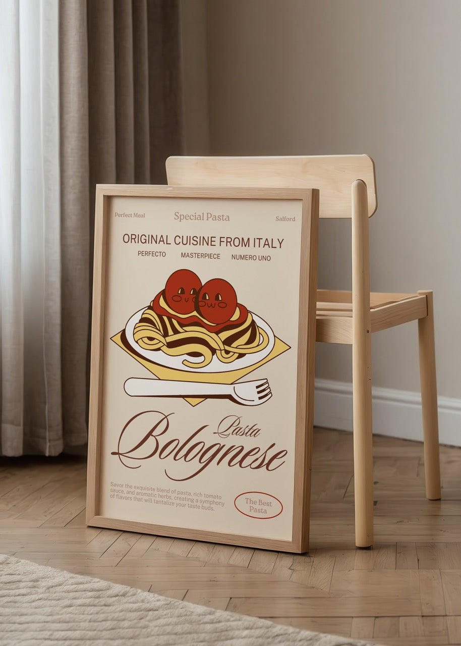 Eğlenceli yüz ifadeleriyle tasarlanmış domatesler ve spagetti ile süslenmiş İtalyan usulü Pasta Bolognese illüstrasyon posteri.
