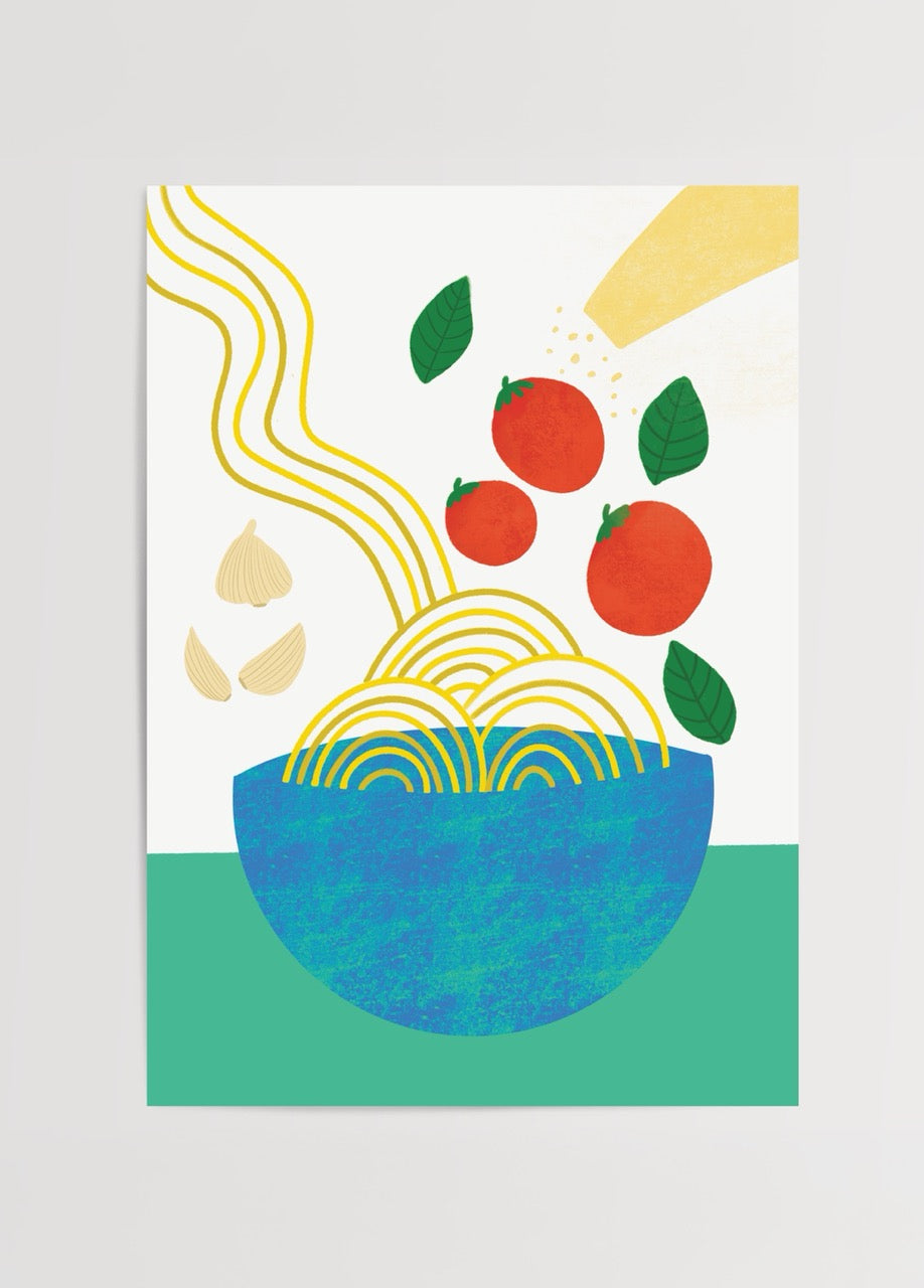 Minimalist Pasta Ritual posteri, domates, fesleğen ve makarna çizimleriyle modern bir mutfak illüstrasyonu