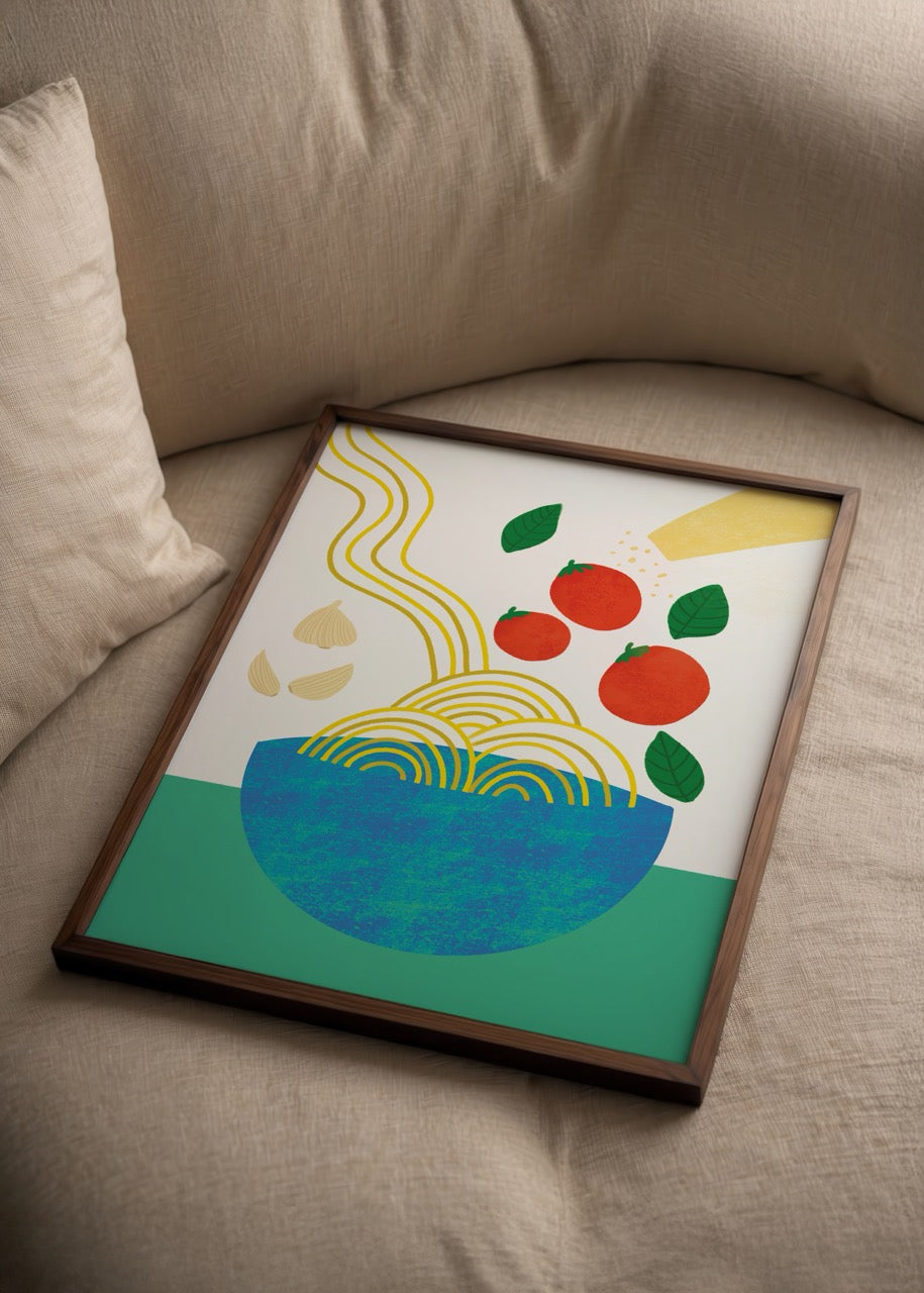 Minimalist Pasta Ritual posteri, domates, fesleğen ve makarna çizimleriyle modern bir mutfak illüstrasyonu