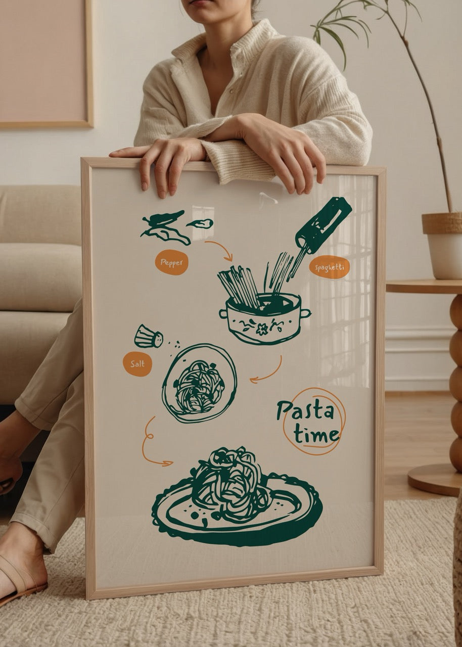 Tuz, karabiber ve spagetti ile makarna yapım sürecini anlatan eğlenceli illüstrasyon posteri.