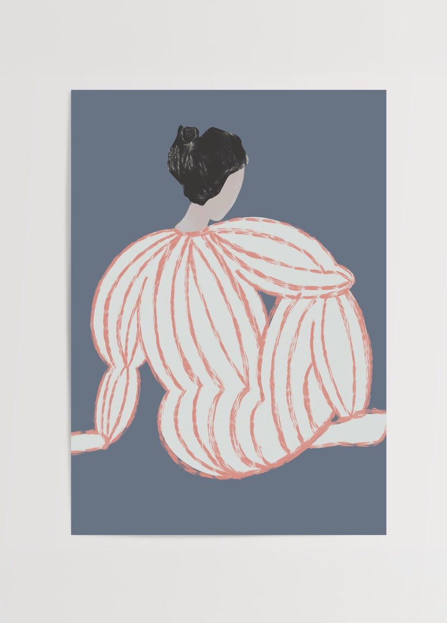 Pastel tonlarda çizgilerle tasarlanmış arkasını dönmüş kadın figürü minimalist poster