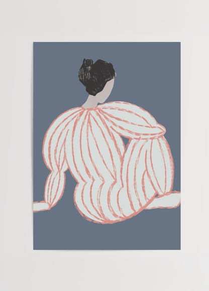 Pastel tonlarda çizgilerle tasarlanmış arkasını dönmüş kadın figürü minimalist poster