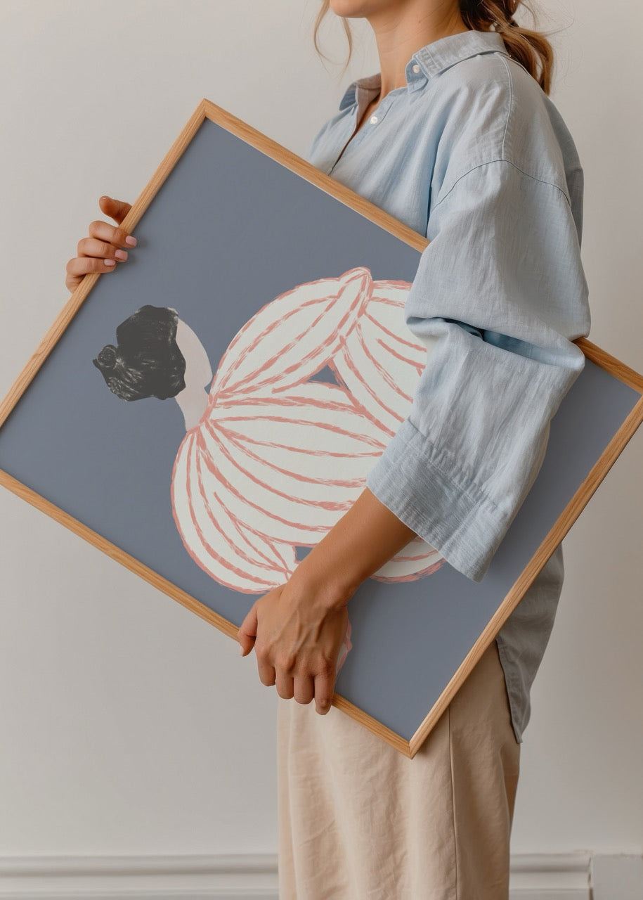 Pastel tonlarda çizgilerle tasarlanmış arkasını dönmüş kadın figürü minimalist poster