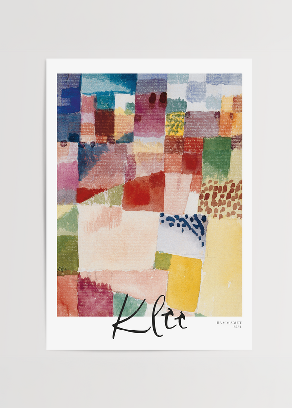 Paul Klee’nin 1914 tarihli “Hammamet” adlı tablosundan ilham alan, renkli bloklarla oluşturulmuş soyut sanat posteri