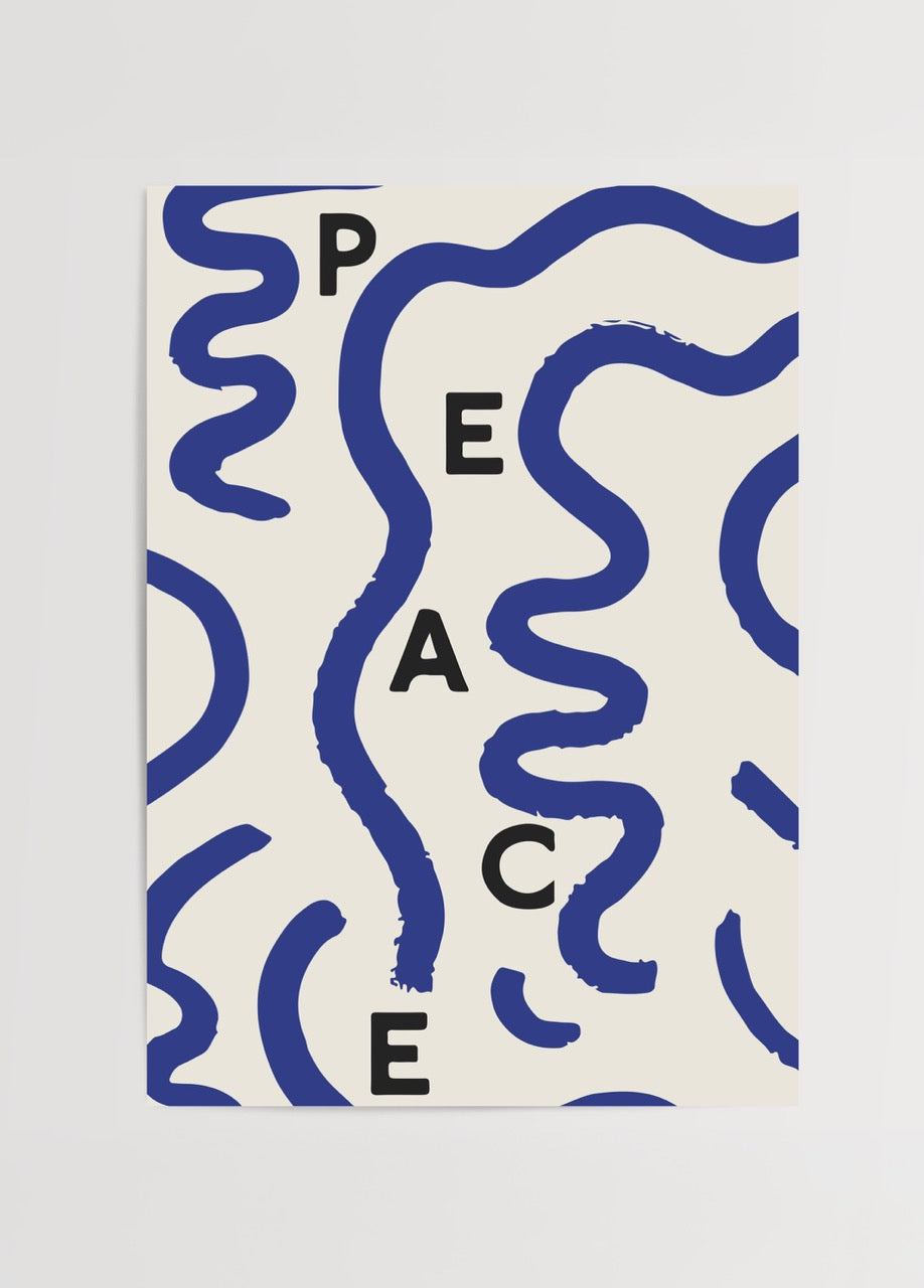Mavi çizgilerle tasarlanmış, siyah tipografili minimalist Peace Poster baskı