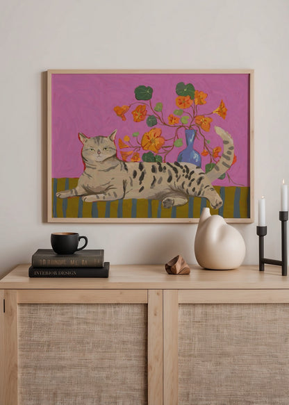 nazlı tarcan pembe naturemort kedi illüstrasyon poster baskı