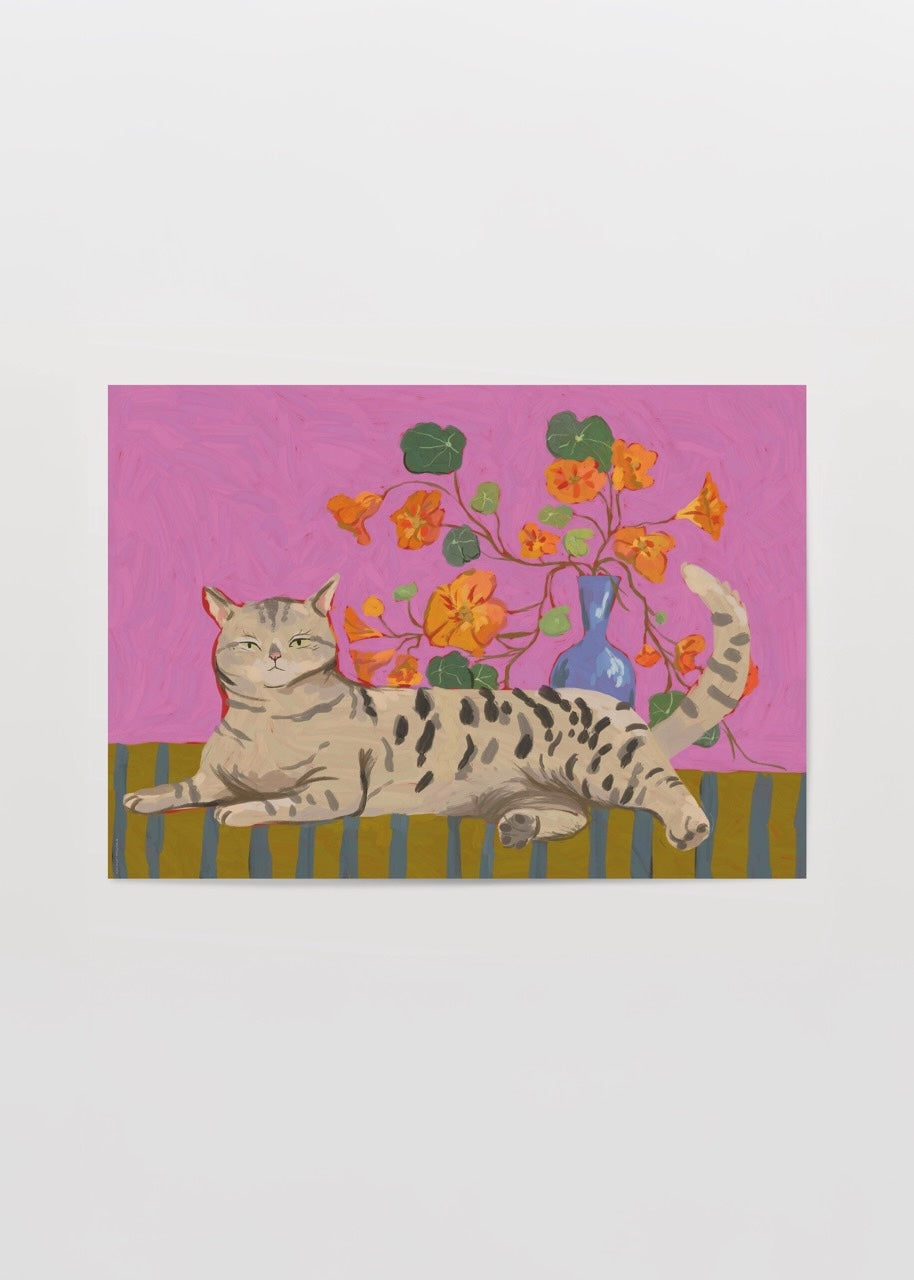 nazlı tarcan pembe naturemort kedi illüstrasyon poster baskı