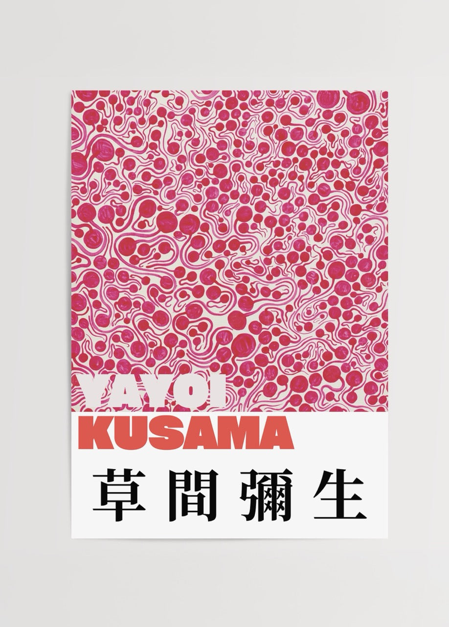 Pembe ve fuşya tonlarında nokta desenli modern Japon pop art duvar sanatı