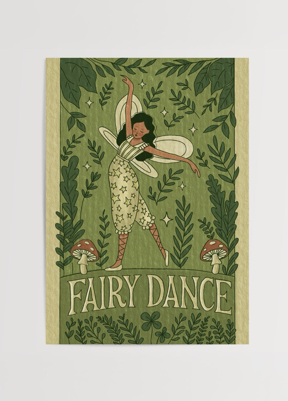 Elif Korkut’un masalsı orman içinde dans eden peri illüstrasyon posteri.