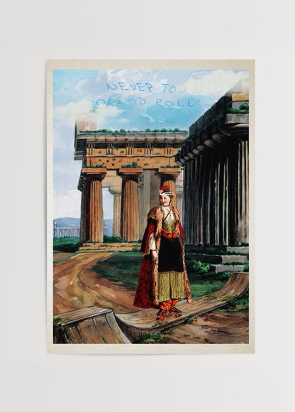 Antik mimari önünde paten kayan figürlü Never Too Old To Roll poster baskı