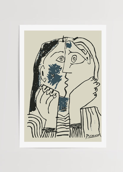 Soyut çizgilerle öpüşen iki yüzü betimleyen, Picasso stilinde hazırlanmış modern sanat posteri