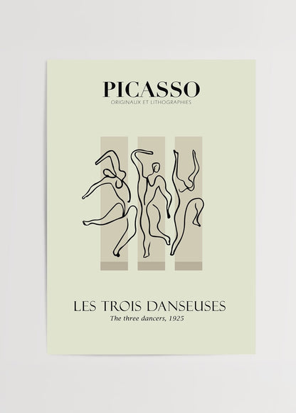 Picasso’nun Üç Dansçı (Les Trois Danseuses) eserinden ilham alan çizgisel ve sade modern sanat posteri.