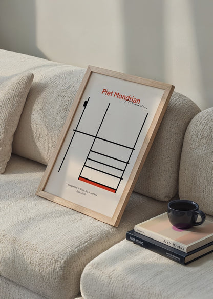 Piet Mondrian 1936 soyut çizgisel kompozisyon poster baskı, siyah beyaz kırmızı minimalist afiş
