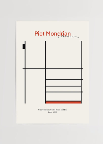 Piet Mondrian 1936 soyut çizgisel kompozisyon poster baskı, siyah beyaz kırmızı minimalist afiş